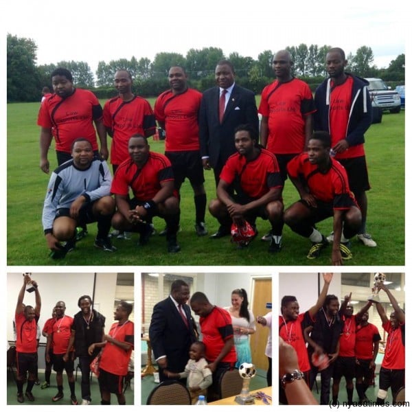 Nottingham Malawi team poses for a photo with the Ambassador before the match and below receiving the trophy.