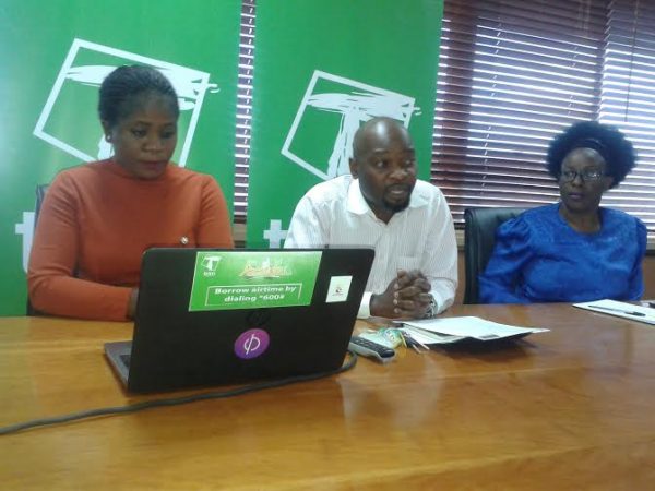 Nsapato, flanked by representative of the National Lotteries Board Mirriam Kumbuyo (right) amd his colleague at TNM Sungeni Madeira, speaking to journalists just before the draw