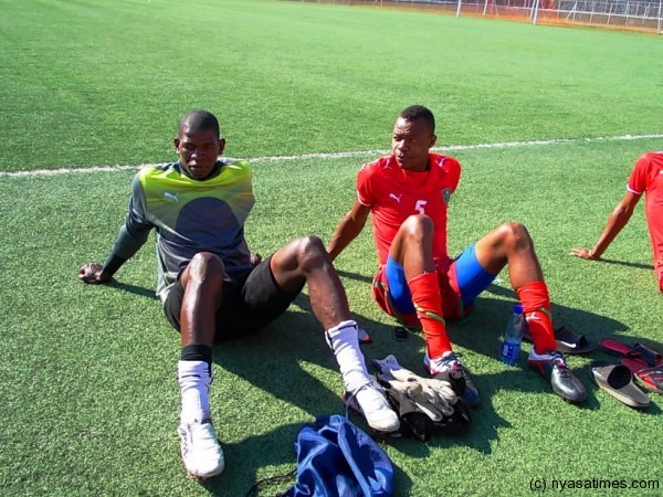 Owen Chaima and Sankhani Nyirenda relaxing before morning training session....Photo Jeromy Kadewere
