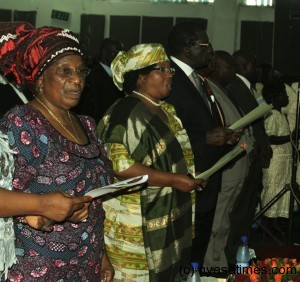 President Dr.Joyce Banda and other dignitaries participating during the International Women's Day celebrations at COMESA hall in Blantyre.Picture by Francis Mphweya-MANA.