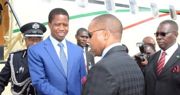 President Lungu is welcomed by Vice-President of Malawi,Dr.Saulos Chilima on arrival 