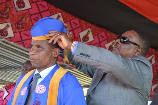 President Mutharika crowning Chief Ngolongoliwa during the function.Pic Francis Mphweya-MANA