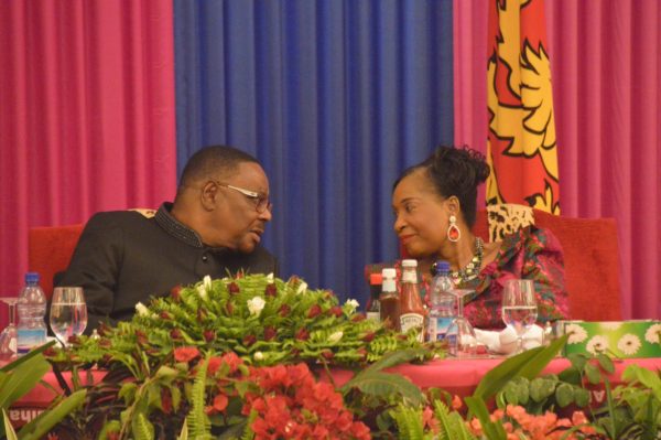 'Life President' Mutharika confers with the First Lady during the Mulhako wa Alhomwe fundraising dinner at BICC in Lilongwe (C)Stanley Makuti