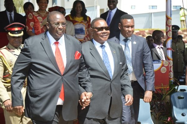 President Peter Mutharika is met by former Vice President Khumbo Kachale during the official opening of Reserve Bank Mzuzu branch (C)Stanley Makuti
