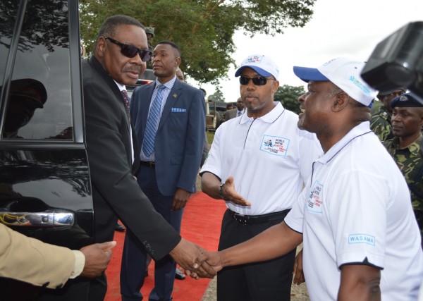 President Peter Mutharika is met by the Minister of Agriculture,Irrigation and Water Development Dr,Allan Chiyembekeza on arrival at the Lilongwe Water Board treatment Plant(C)Stanley Makuti