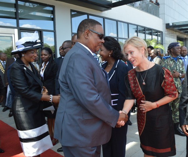 President Peter Mutharika is met by the UN Country Representative Mia Seppo on arrival at BICC (C) Stanley Makuti