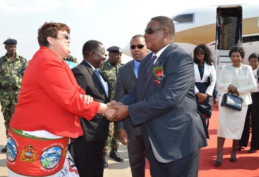 President Peter Mutharika is welcomed by United States of America Ambassador to Malawi Ms Virginia Palmer - Pic by Stanley Makuti