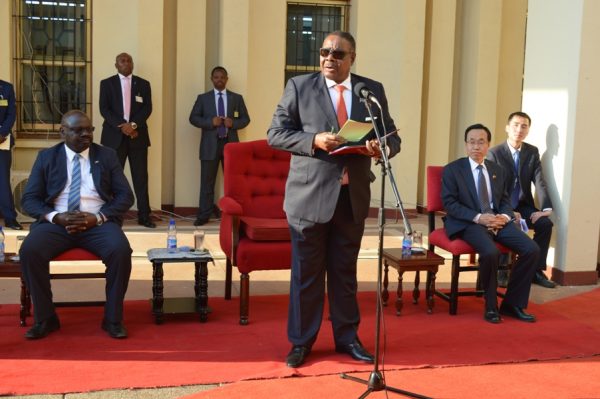 President Peter Mutharika speaks during the handover ceremony of rice from China (C)Stanley Makuti