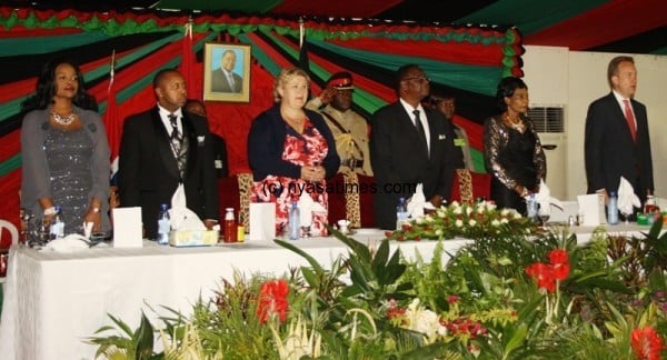 President Prof.Peter Mutharika and the First lady are accompanied by Norway's Prime Minister and the Vice President Rt.Hon Chilima at the dinner - Pic by Stanley Makuti
