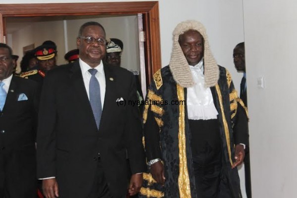 President Proff Peter Mutharikia with the Speaker of Parliament after the official opening of the 45th session of Parliament-pic by Lisa Vintulla
