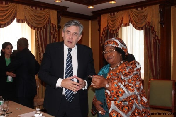 Former UK Prime Minister  Gordon Brown, UN special Envoy on Global education & Development Partners with President Joyce Banda after their meeting at Waldorf Astoria Hotel in New York-pic by Lisa Vintulla