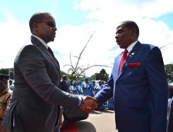 Vice President Saulos Chilima being welcomed by Minister of Industry and Trade, Joseph Mwanamveka at BICC in Lilongwe-(c) Abel Ikiloni