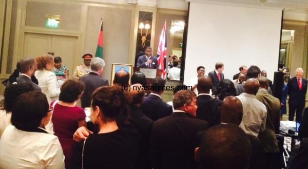 High Commissoner Sande addressing guests at a cocktail party for Malawi@50 in London