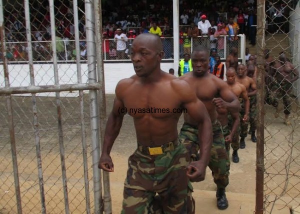 The men: Soldiers at the Kamuzu Stadium who spiced the event and blocked accredited journalists