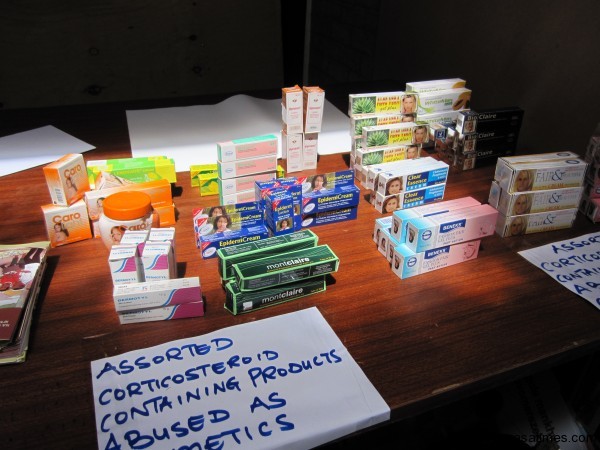 Some of the pirated cosmetics and drugs on display at Mzuzu University