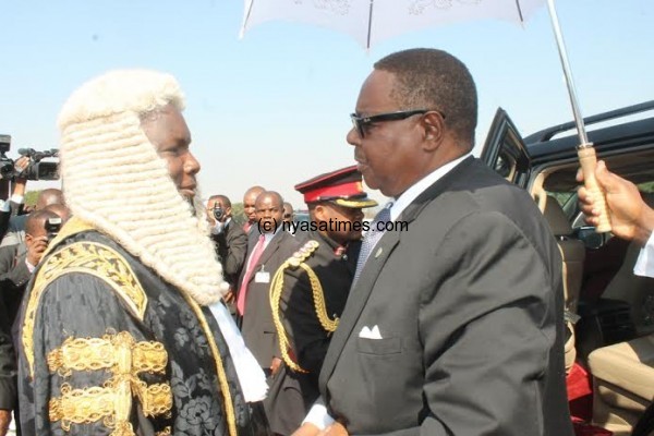 Speaker of National Assembly Richard Msowoya welcomes the head of State Proff ... ika at the Opening of the 45th Session of Parliament-pic by Lisa Vintulla