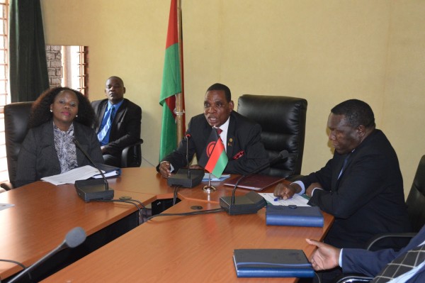 Mwanamvekha briefing the media on buy Malawi product campaign in Lilongwe on Wednesday (C) Stanley Makuti
