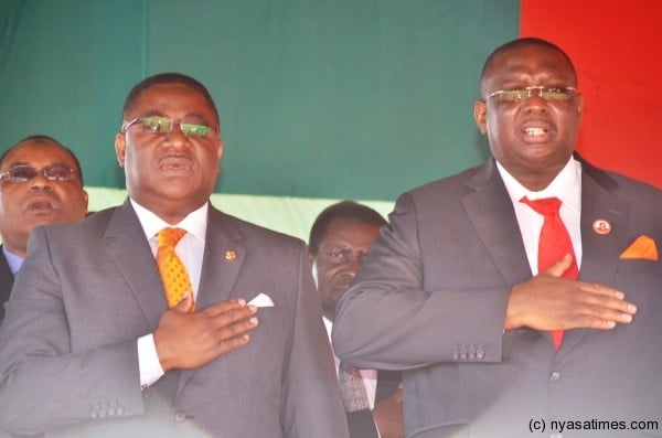 Vice President Khumbo Kachali and Phoya partakes in the singing of the National Anthem at the event which Phoya thanked Pres. Banda for being retained in cabinet