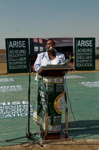 Esnart Chaponda at tjhe commemoration of 2015 world day against child labour & launch of ARISE II project, Silver Stadium, LIlongwe