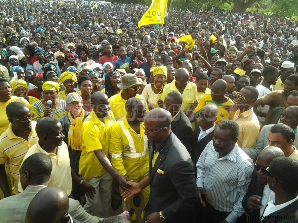 Atupele arriving at one of the venues: It may be supporters, or it may be those getting a glimpse of the UDF president, but Atupele Muluzi’s  crowds are getting bigger 