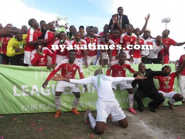 Glory days: Bullets stars celebrate winning the Malawi TNM Super League-, Pic Alex Mwazalumo