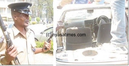 Zembeneko showing the gins used by robbers and the car  used by the gang destroyed by mob.