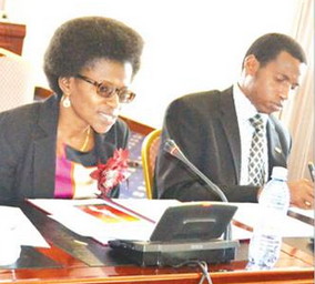 Kachale (L) with Ministry of Justice assistant legal officer Samuel Mbweza briefing the committee