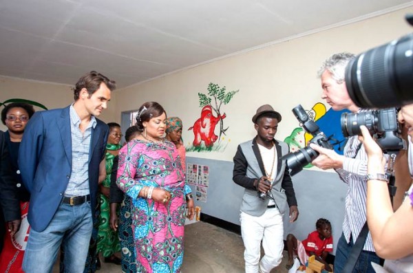 Federer at at a new childcare centre in Malawi funded by his foundation. 