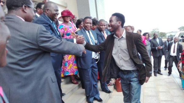 Wandale greeting MPs after presenting petition on land bill.- Photo by Mphatso Nkhoma