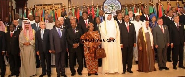 Malawi Pres. Banda with leaders at the Africa-Arab summit. Over seventy delegations from nations and international organizations will be attending the Summit, and over thirty Heads of State, seven deputy leaders and three prime ministers are attending 