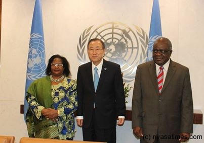 President Joyce Banda with UN General Secretary Ban Ki-Moon-pic by Lisa Vintulla