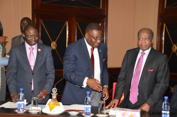 Opposition chief John Tembo (right) joined by cabinet ministers at the meeting