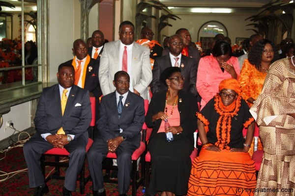 Malawi cabinet ministers listening to President Banda at a news conference held at Kamuzu Palace