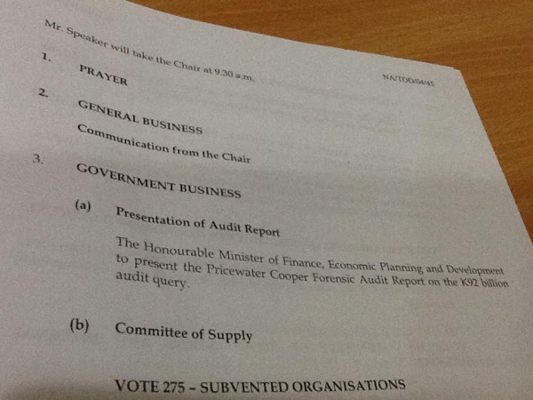Parliamentary Order paper on Tuesday