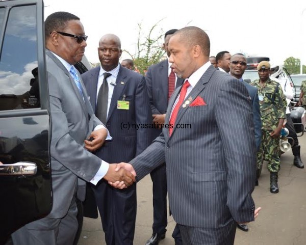 President Mutharika is welcomed by his dutiful deputy Saulos Chilima who chair the reforms committe.- ... - Pic by Stanley Makuti