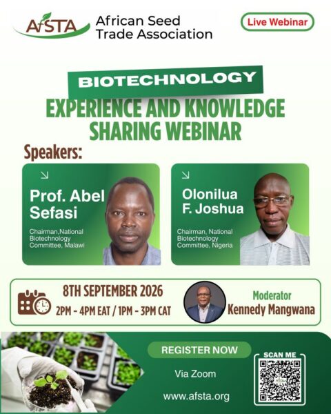 AfSTA webinar on biotechnology experiences from Malawi and Nigeria, scheduled for 8 September 2026.