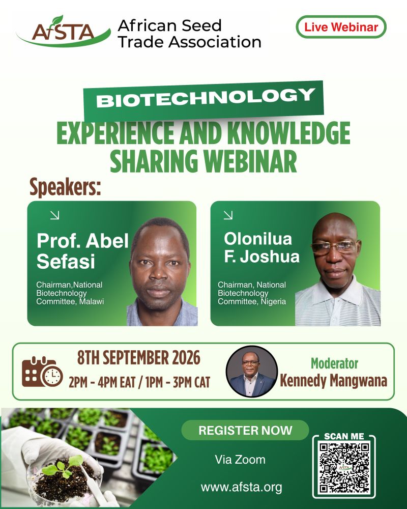 AfSTA webinar on biotechnology experiences from Malawi and Nigeria, scheduled for 8 September 2026.