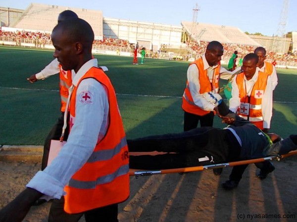 Flames goalkeeper Owen Chaima left the field of play injured....Photo Jeromy Kadewere