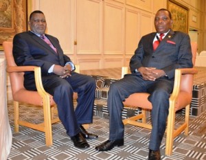 Foreign Affairs MinisterGeorge Chaponda L and the Trade and Industry MinisterJoseph Mwanamveka R captured during the press briefing at Meikles Hotel in HarareZimbabwe - Pic by Stanley Makuti