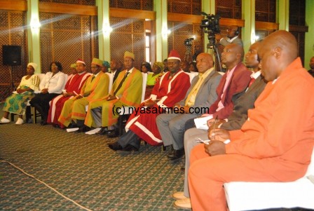 A cross section of traditional leaders from Thyolo who called on President Joyce Banda at sanjika palace on the violence that happened at Goliati in the district last sunday -Pic by Francis Mphweya,-Mana